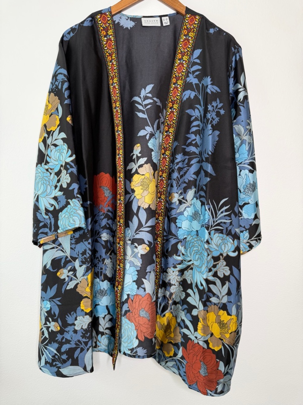 Susan Graver Black Floral Kimono Kaftan with Blue, Yellow & Red Flowers 3X